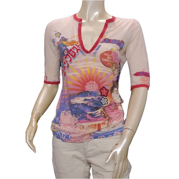 Vintage Lucky Brand Rare Y2K V-Neck Geisha Graphic Tee - Picture 2 of 10